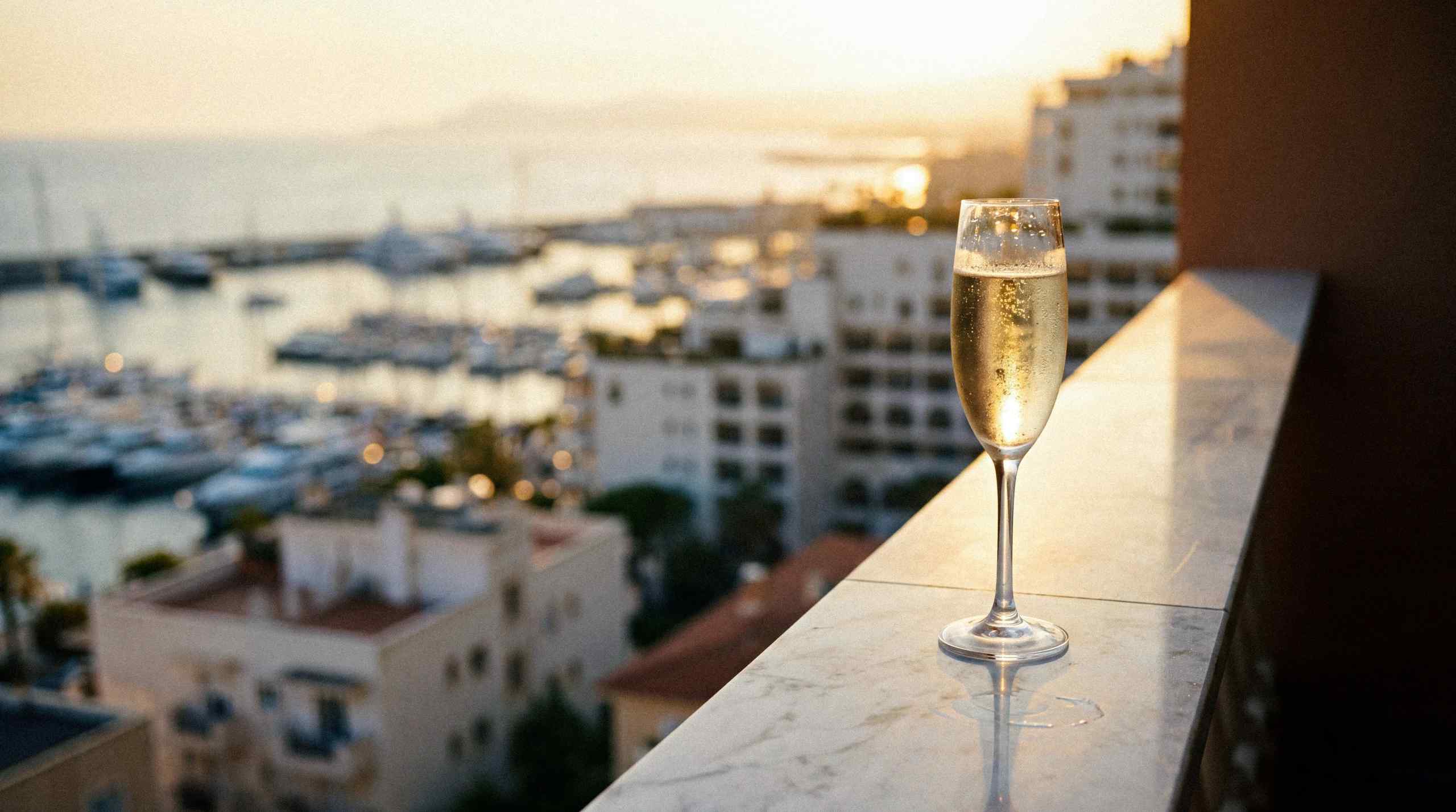 A glass of champaign sitting on the railing of a high-end hotel room.