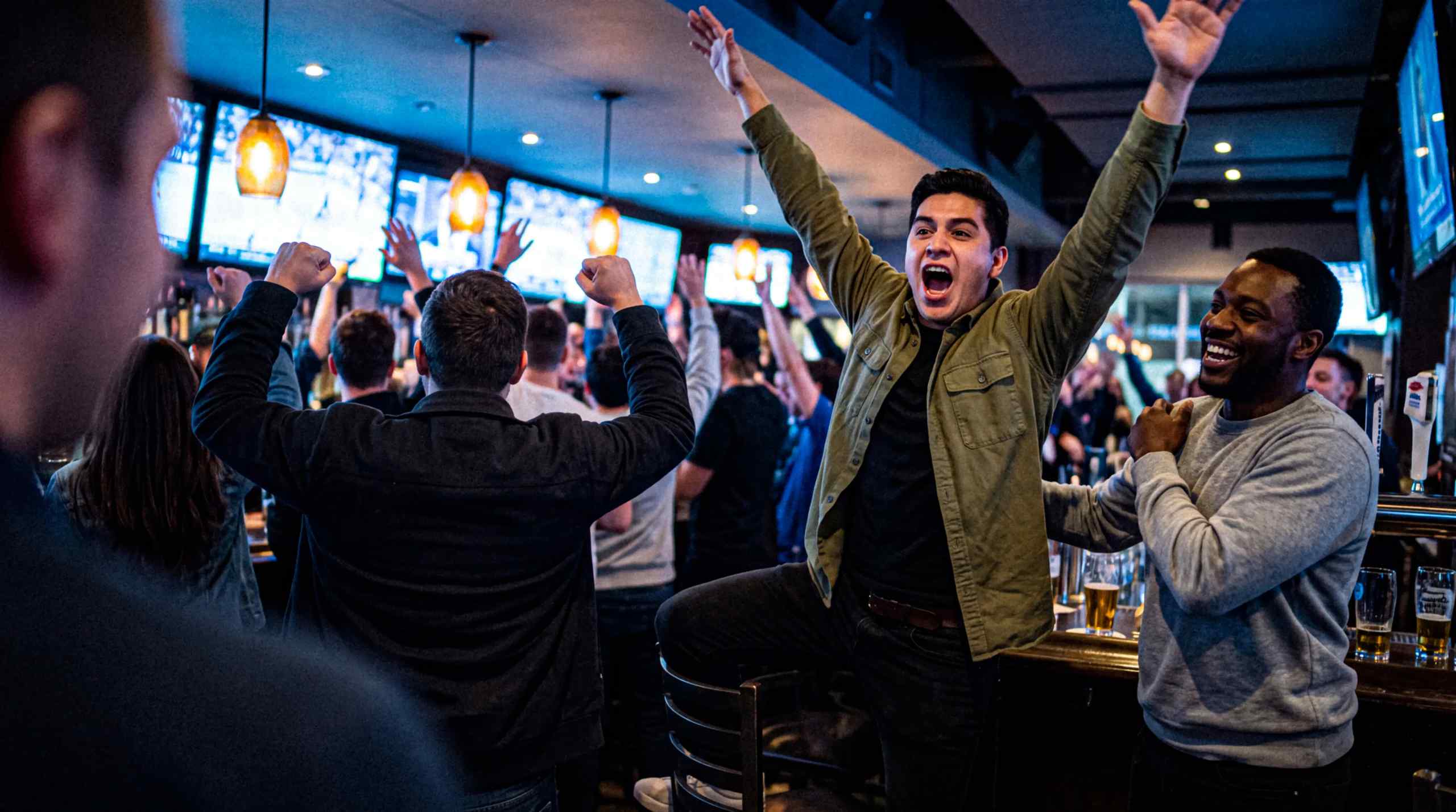 A man cheering after winning a bet at a bar.