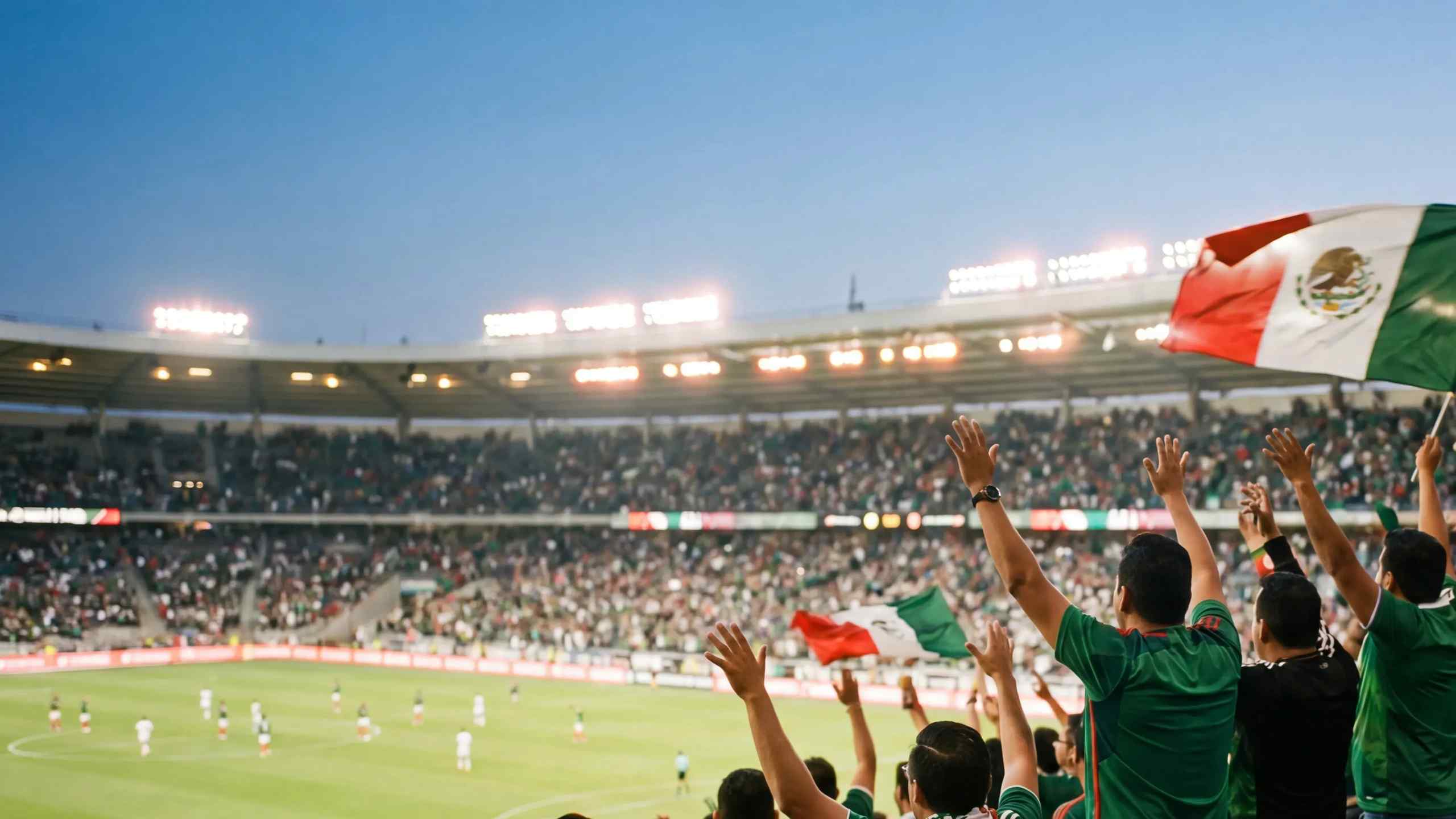 Fans in Mexico soccer stadium cheering. 