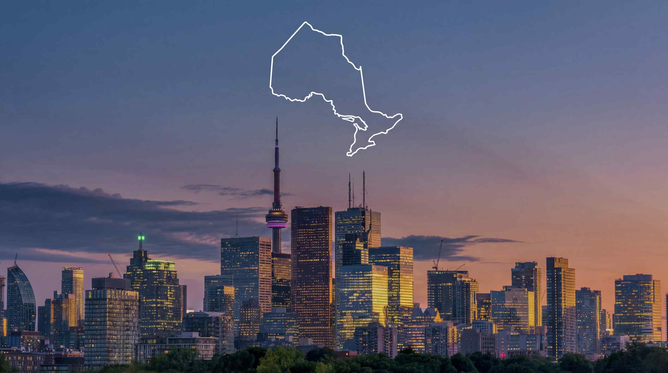 Ontario city skyline with an outline of the province, relevant to ontario sports betting