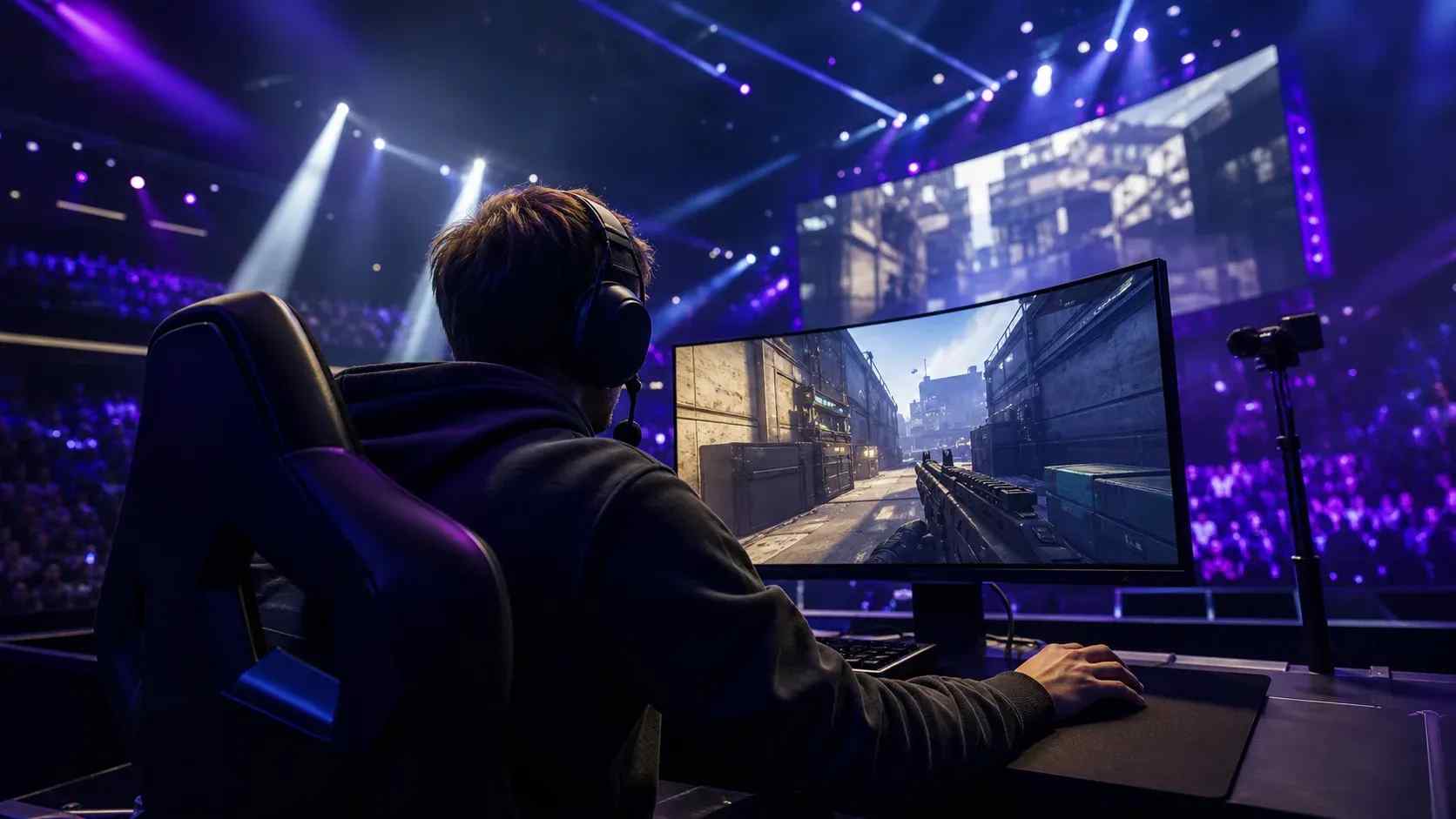 Esports player competing in front of a viewing audience