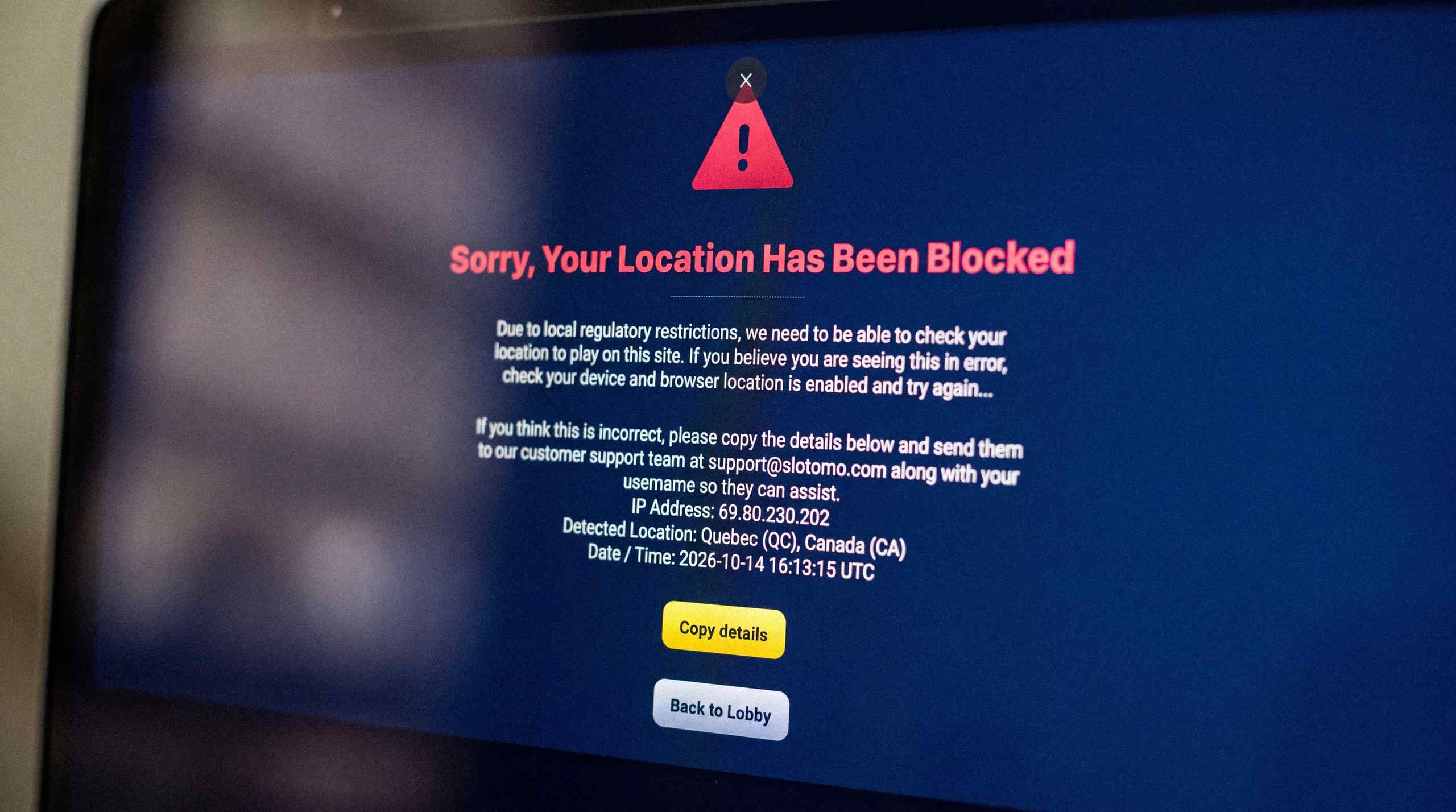 A geo-location error message on a sweepstakes casino.