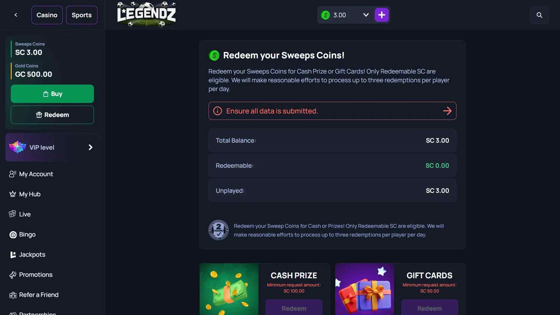 Redeem Sweeps Coins