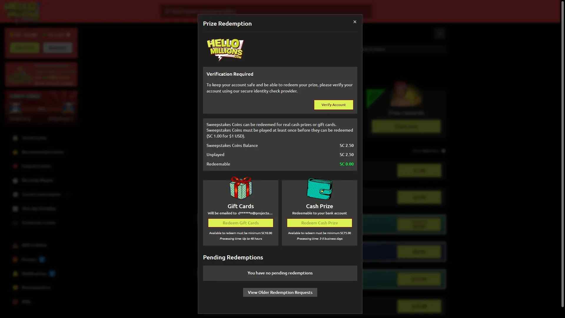 Cash prize redemption